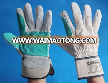 Cow split leather working gloves with reinforcement on palm